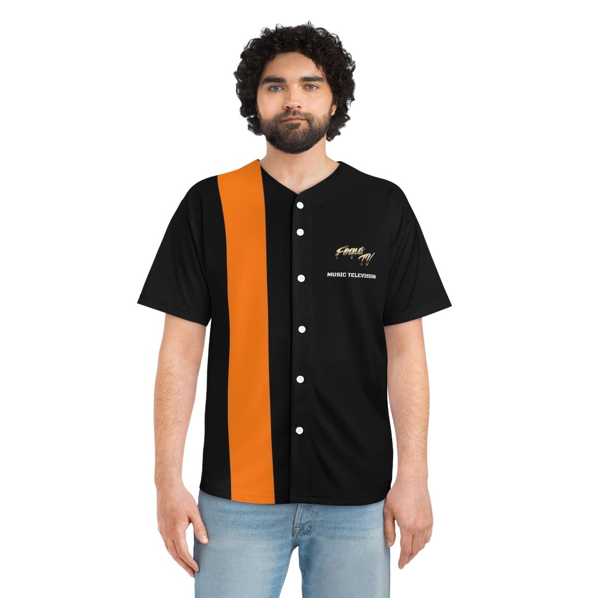 FOQUS TV Baseball Jersey Black Orange Stripe